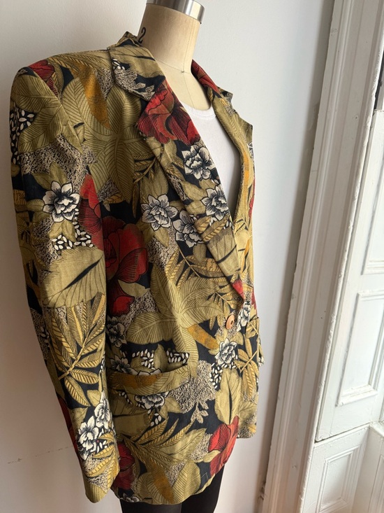 Tropical Safari Floral Linen Cotton Blazer Botanical Print Structured Tailored - Picture 3 of 9